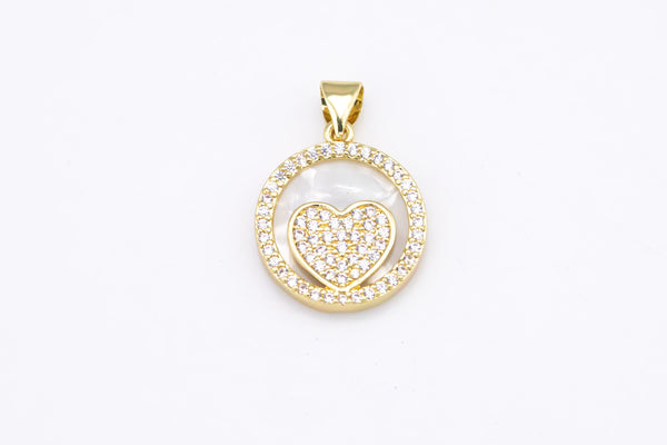 14k Gold Mother of Pearl Backing Heart Charm Pendant Micro Pave Pendant Charm for Necklace Bracelet Component 16mm