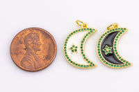 18k Gold Enamel Green Moon Charm Diamond CZ Drop Charm Cubic Protector Pendant Tiny Lucky Dainty Necklace - 14mm- 1 pc per order