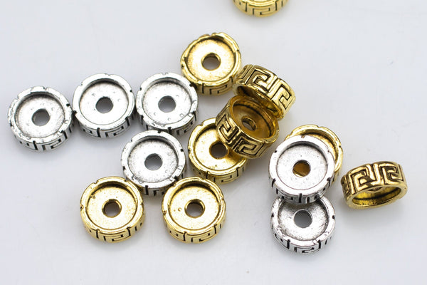 10mm Flat Rondelle Large Hole Bali Style Spacer Beads Big Hole Yoga Buddhist Design - 20 pcs