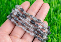 Black Tourmalinated Quartz Stretchy String Oval Bracelet Natural Crystal Gemstone Bracelets - Gemstone Nugget Bracelets Handmade Jewelry