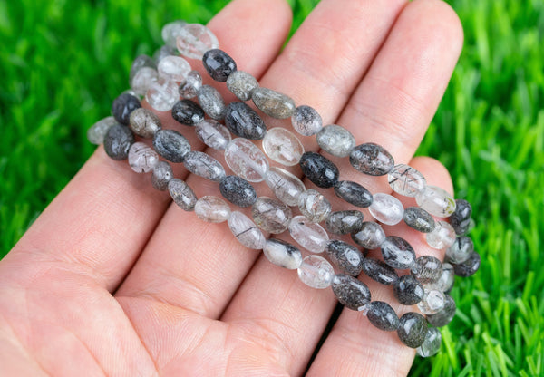 Black Tourmalinated Quartz Stretchy String Oval Bracelet Natural Crystal Gemstone Bracelets - Gemstone Nugget Bracelets Handmade Jewelry