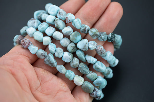 Natural Larimar Stretchy String Oval Bracelet Tumbled Larimar Natural Gemstone Bracelets - Gemstone Nugget Bracelets Handmade Jewelry