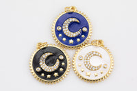 2 pcs Dainty Moon Enamel Pendant- 18k Gold CZ Star or Moon Charm, Micro Pave Charm- 19mm 2 pcs per order