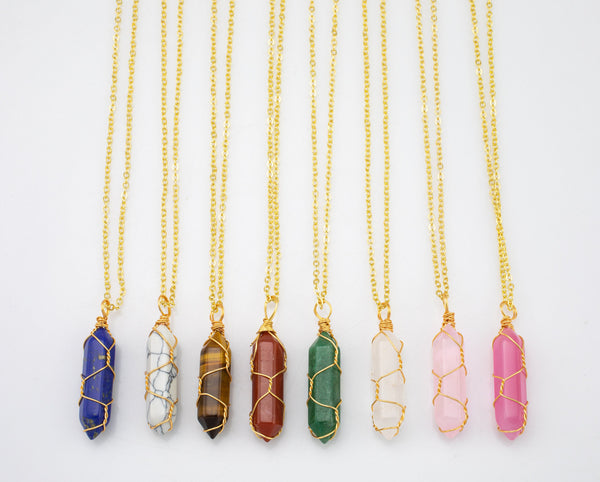 Crystal Necklace Rose Quartz Quartz Lapis Howlite Tiger's Eye Green Aventurine Cat's Eye Pendant Points Handwrapped in USA Healing Jewelry