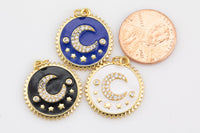 2 pcs Dainty Moon Enamel Pendant- 18k Gold CZ Star or Moon Charm, Micro Pave Charm- 19mm 2 pcs per order