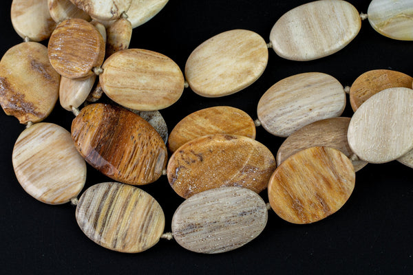 Natural Petrified- Flat Oval- Full 15.5 Inch Strand AAA Quality Gemstone Beads- 20x30mm