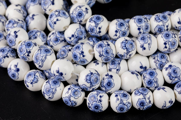 8mm and 10mm and 12mm Ceramic Smooth Round-11.5 inches per strand- Porcelain White Flower