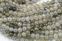 Natural Green Rutilated Quartz, Faceted Round Round,6mm, 8mm, 10mm, 12mm- Full 15.5 Inch Strand Gemstone Beads