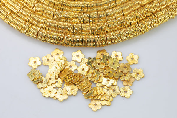 4mm Brushed Gold Flowers Flower Bead Beads Copper gold flat disc spacers Disk heishi rondelle spacers beads Gold plated jewelry 8 Inch str