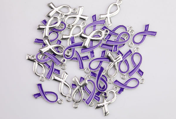 6pc PUPRLE BREAST CANCER Charms Cancer Charms Awareness Ribbon Charms or Pendants- Purple Violet Enamel White Gold / Silver Metal - 11x21mm