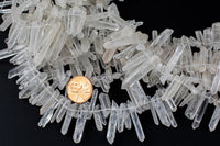 Natural Raw Rock Crystal Quartz Beads Long Slender Points Spikes Top Side Drilled Freeform Clear White Quartz 15.5" Strand