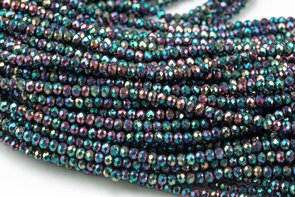 3.5-4mm Crystal Rondelle 1 or 2 or 5 or 10 STRANDS- 13 inch strand- Peacock Metallic