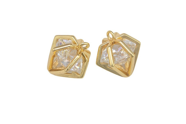 1 pc 18k Gold Plated Diamond Cage CZ Charm, Pendant- 12mm