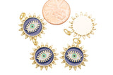 1 pc 18k Gold Enamel Sun Evil Eye Pendant, Charms, Lock Necklace Charms, CZ Pave- 19mm