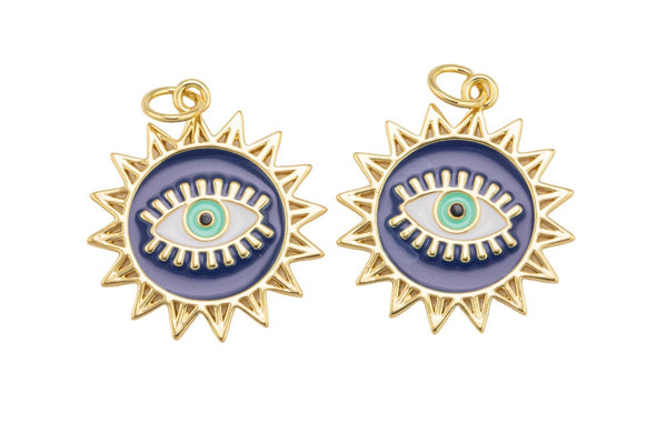 1 pc 18k Gold Enamel Sun Evil Eye Pendant, Charms, Lock Necklace Charms, CZ Pave- 19mm