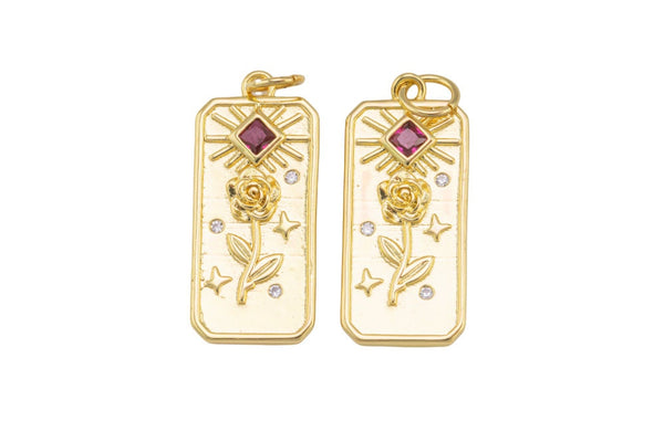 1 pc 18k Gold Micro Pave Flower Rose Tag Pendant , Heart Charms, Lock Necklace Charms, CZ Pave- 10x20mm c202