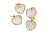 1 pc 18k Gold Mother of Pearl Shell Heart Micro Pave, Heart Charms, Lock Necklace Earring Charms, CZ Pave- 12mm