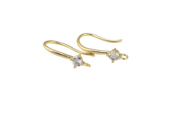 18kt Gold Earring Hook Wire CZ Earring, dainty Hoops, gold ear Hoops minimalist jewelry- 2 pcs fish hook earrings