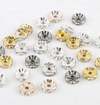 RHINESTONE SPACERS Spacer -- Sizes: 4mm 5mm 6mm 8mm 10mm 12mm-- Roundel. Clear or ClearAB, Gold or Silver Plated. 100 pcs. AAA quality.