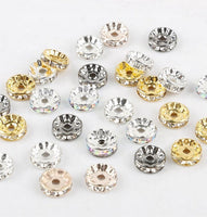 RHINESTONE SPACERS Spacer -- Sizes: 4mm 5mm 6mm 8mm 10mm 12mm-- Roundel. Clear or ClearAB, Gold or Silver Plated. 100 pcs. AAA quality.