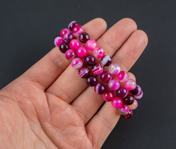 Fuchsia Hot Pink Striped Agate Bracelet Round Size 8mm Handmade In USA - Natural Gemstone Crystal Bracelets Handmade Jewelry - approx. 7"