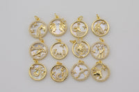 2pc Dainty 18K Gold Mother of Pearl Zodiac Horoscope Sign Medallion Pendant Sparkle Astro Coin with Zodiac Symbol on back- 17mm