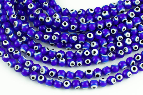 Blue Evil Eye Round Lampwork Glass Loose Beads - 8mm 10mm- Full Strand 15-16"