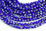 Blue Evil Eye Round Lampwork Glass Loose Beads - 8mm 10mm- Full Strand 15-16"