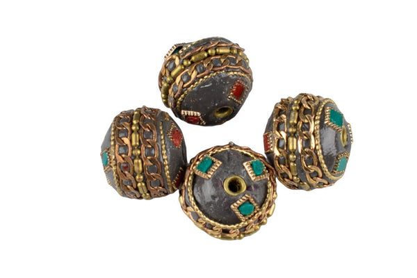 Tibetan Beads- Round- Turquoise on brass Inlays 15x17mm - 1 piece