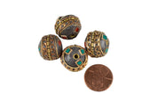 Tibetan Beads- Round- Turquoise on brass Inlays 15x17mm - 1 piece