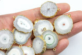 Solar Quartz Slice Druzy Druzies Crystal Edged in 24k Electroplated Gold Connectors or Pendants - about 20mm to 30mm in diameter