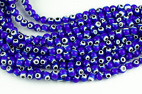 Blue Evil Eye Round Lampwork Glass Loose Beads - 8mm 10mm- Full Strand 15-16"