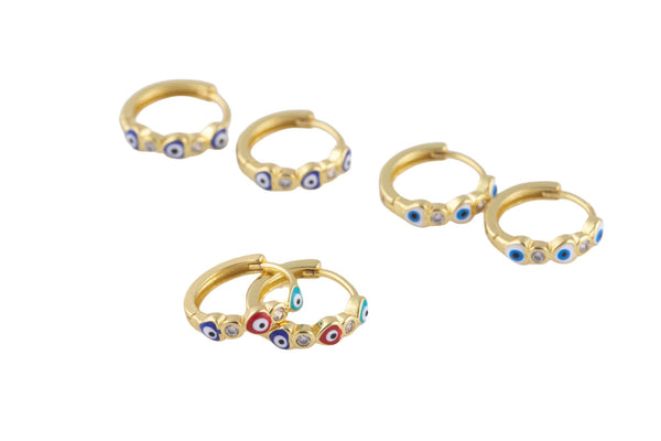 14mm 18kt Gold Enamel Evil Eye Heart Huggie Hoops- 14mm CZ Hoop Earring with CZ Set- 1 pair per order Huggies