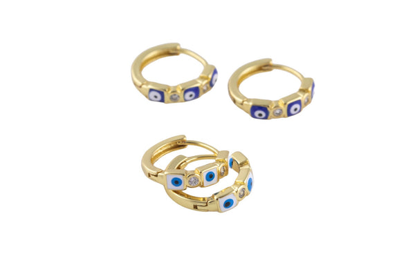 14mm 18kt Gold Enamel Evil Eye Square Huggie Hoops- 14mm CZ Hoop Earring with CZ Set- 1 pair per order Huggies