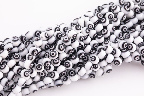 6mm Evil Eye Beads Round Glass Crystal white on black 15-16"