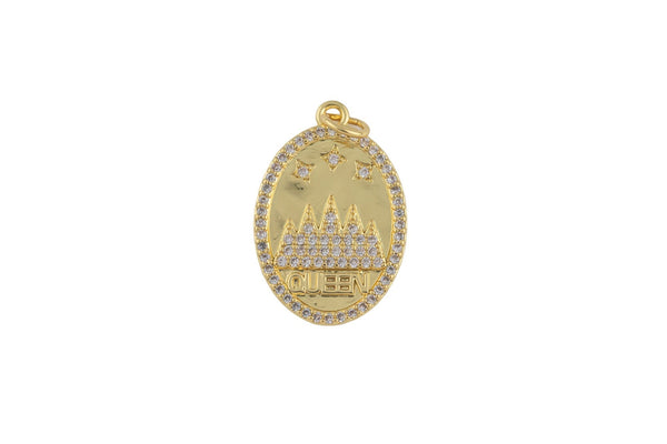 1 pc 18k Gold Micro Pave Queen Word Charm Oval Pendant Charm for Necklace Earring Component- 15x22mm