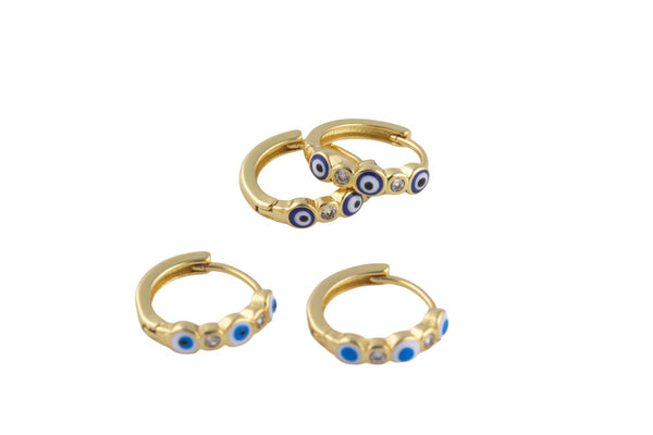 14mm 18kt Gold Enamel Evil Eye Round Huggie Hoops- 14mm CZ Hoop Earring with CZ Set- 1 pair per order Huggies