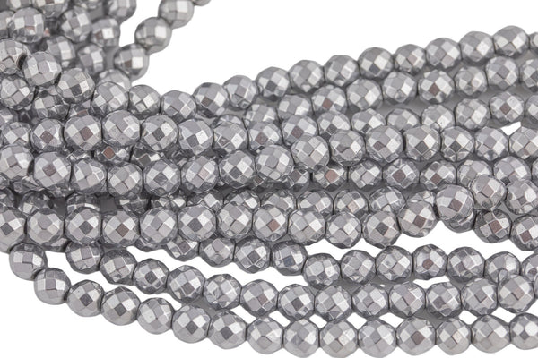 Platinum Plated HEMATITE Beads. Round Faceted. 3mm, 4mm, 6mm, or 8mm. Full Strand 16".