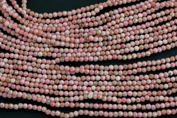 Natural Rhodonite Beads Full Strands-15.5 inches-2-3mm- Nice Size Hole- Diamond Cutting, High Facets-Nice and Sparkly-Faceted Round