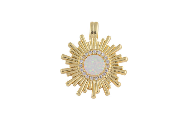 1 Dainty 14k Gold Sun Burst Charm Opal Round SunBurst Medallion Pendant, 24x18mm, Micro Pave Gold Sun Celestial Jewelry