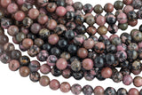 Natural Rhodonite Beads Grade AAA Round 4mm, 8mm, 10mm, 12mm -Full Strand 15.5 inch Strand- Smooth Gemstone Beads