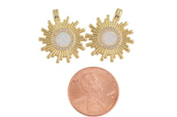1 Dainty 14k Gold Sun Burst Charm Opal Round SunBurst Medallion Pendant, 24x18mm, Micro Pave Gold Sun Celestial Jewelry