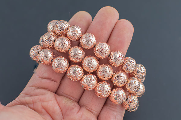 Rose Gold Lava Bracelet Round Size 10mm and 12mm - Handmade In USA Natural Gemstone Crystal Bracelets - Handmade Jewelry - approx. 7.5"- LGS