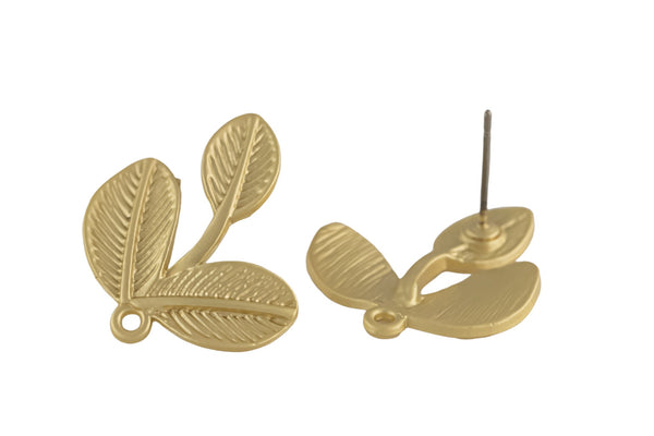 2pcs Matte Gold Earring Earrings stud findings High Quality Matte Gold Plating - Leaf- 20x22mm