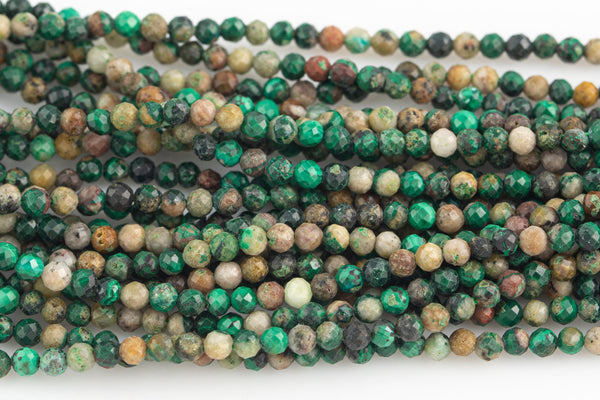 Natural Malachite Full Strands-15.5 inches-2.5-3mm- Nice Size Hole- Diamond Cutting, High Facets- Nice and Sparkly- Faceted Round