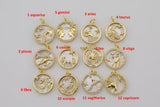2pc Dainty 18K Gold Mother of Pearl Zodiac Horoscope Sign Medallion Pendant Sparkle Astro Coin with Zodiac Symbol on back- 17mm