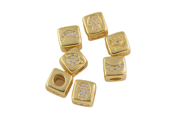 1 pc 18kt Gold - Lucky Symbol Cube Bead- Different Symbols on each side- Evil eye, Hamsa Hand, Moon, Planets- 5mm Hole- 9mm