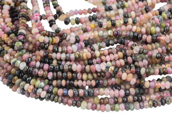 Natural Watermelon Tourmaline- Sharp Diamond Cut- High Facets , Faceted Roundel- 4mm- Full 15.5 Inch Strand AAA Quality Gemstone Beads