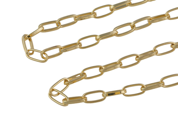 18k Gold Paper Clip Chain, Elongated Rectangle Oval Chain, 5x11mm Chain by yard, Unfinished Chain for DIY Jewelry Supply