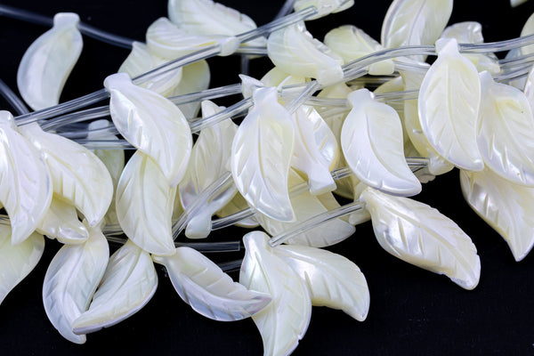 Iridescent White Mother of Pearl MOP Shell Leaf Drop Beads- 2 Pieces per order- 13x31mm Shell Beads